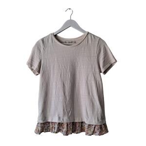 Loft Top Short Sleeve Embroidered Floral Ruffle Hem Boho Beige Womens Size XS